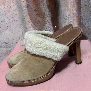 Coach Tan Suede Heeled Mules with Cream Fur Trim size 9.5